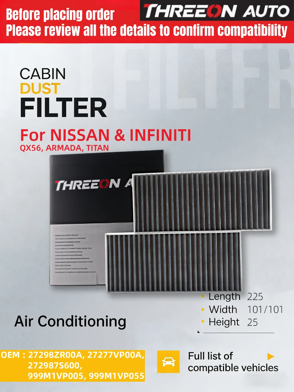 Filtro de aire de cabina WESTGUARD para QX56 2004-10 Nissan NV2500 3500 2012-2014 Titan Armada 2004-2015 27277VP00A 999M1VP005 MK13195-2