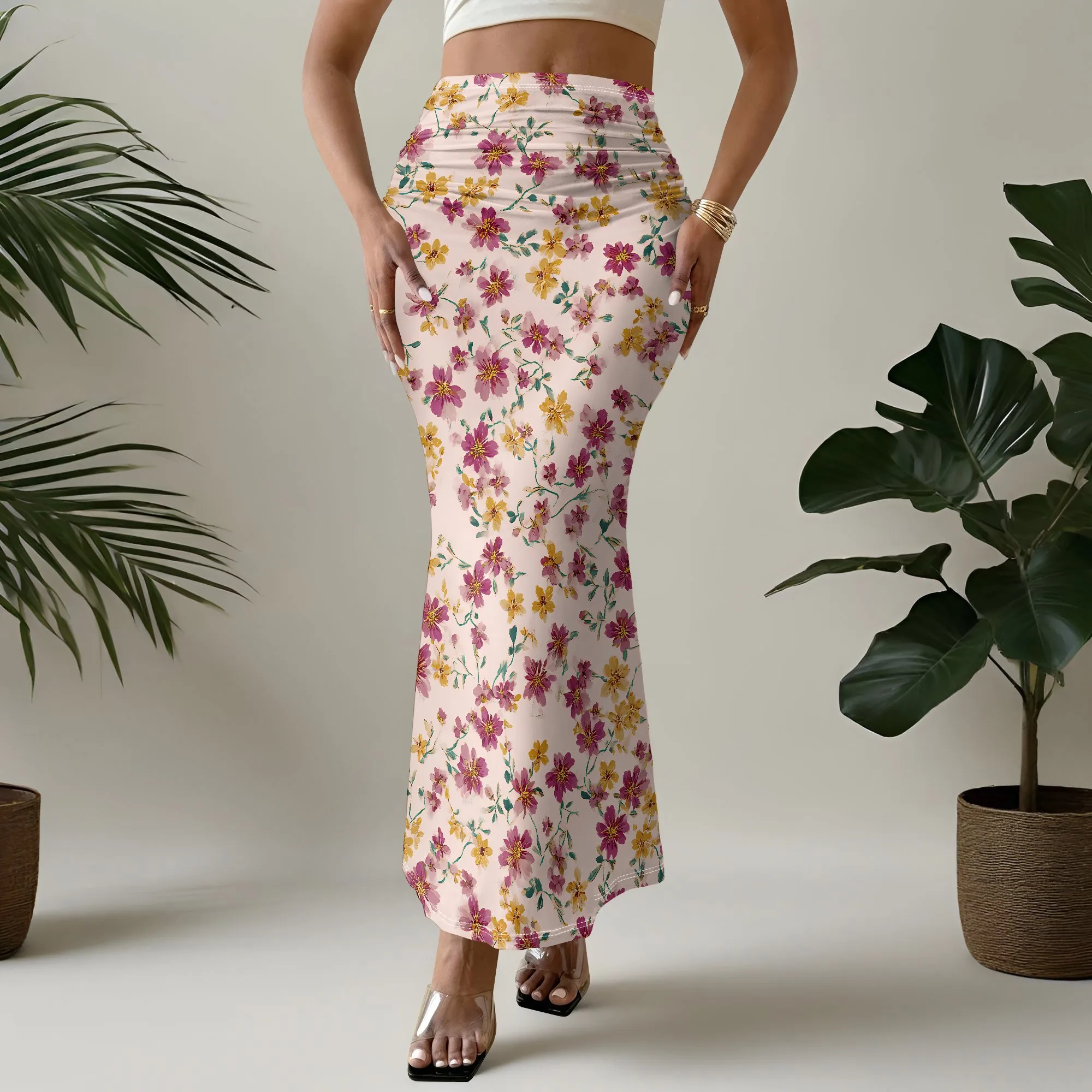 Floral Print Mermaid Skirt, High Waist Ruched Midi Skirt, Summer Beach Party Bottoms, Elastic Waist Casual Wear, S-2XL