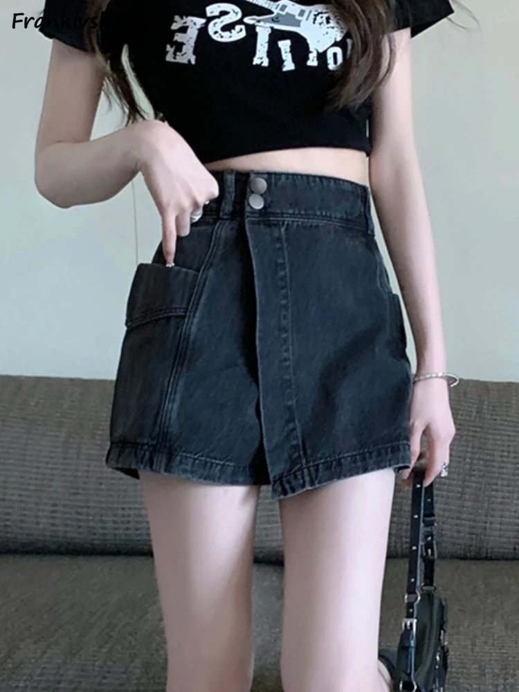 

Shorts Women Pocket Summer Slim Elegant Streetwear A-Line Korean Style Harajuku Retro All-match Fashion Leisure Denim Trousers