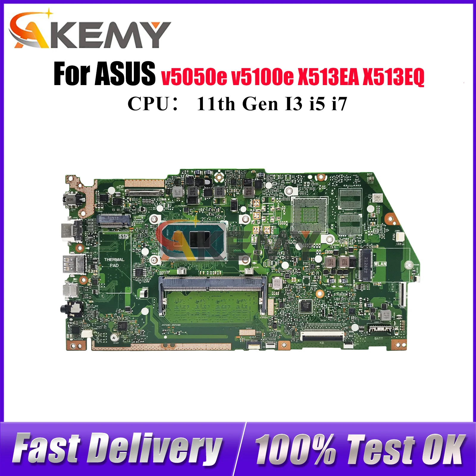 

X513EA Laptop Motherboard For ASUS VivoBook v5100e v5050e X513EQ X513EP X513EA X513E Notebook Mainboard With 11th Gen I3 i5 i7