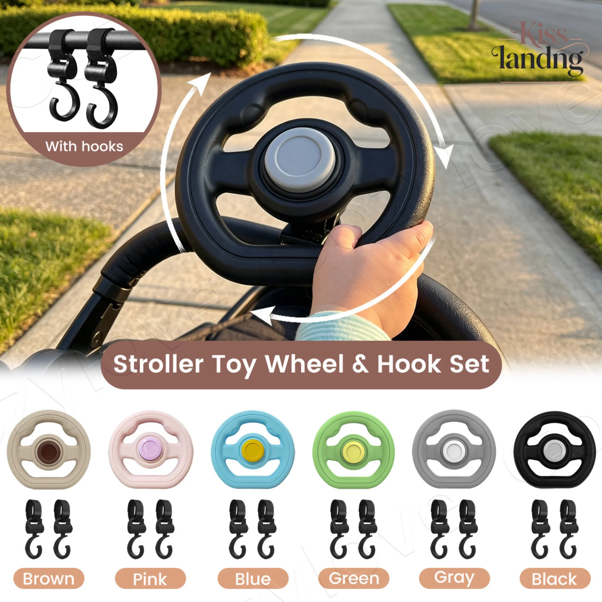 Baby Stroller Steering Wheel Toy with 2Pcs Hooks, Toddler Pretend Driving Simulation Toy, Universal Baby Stroller Accessory Set