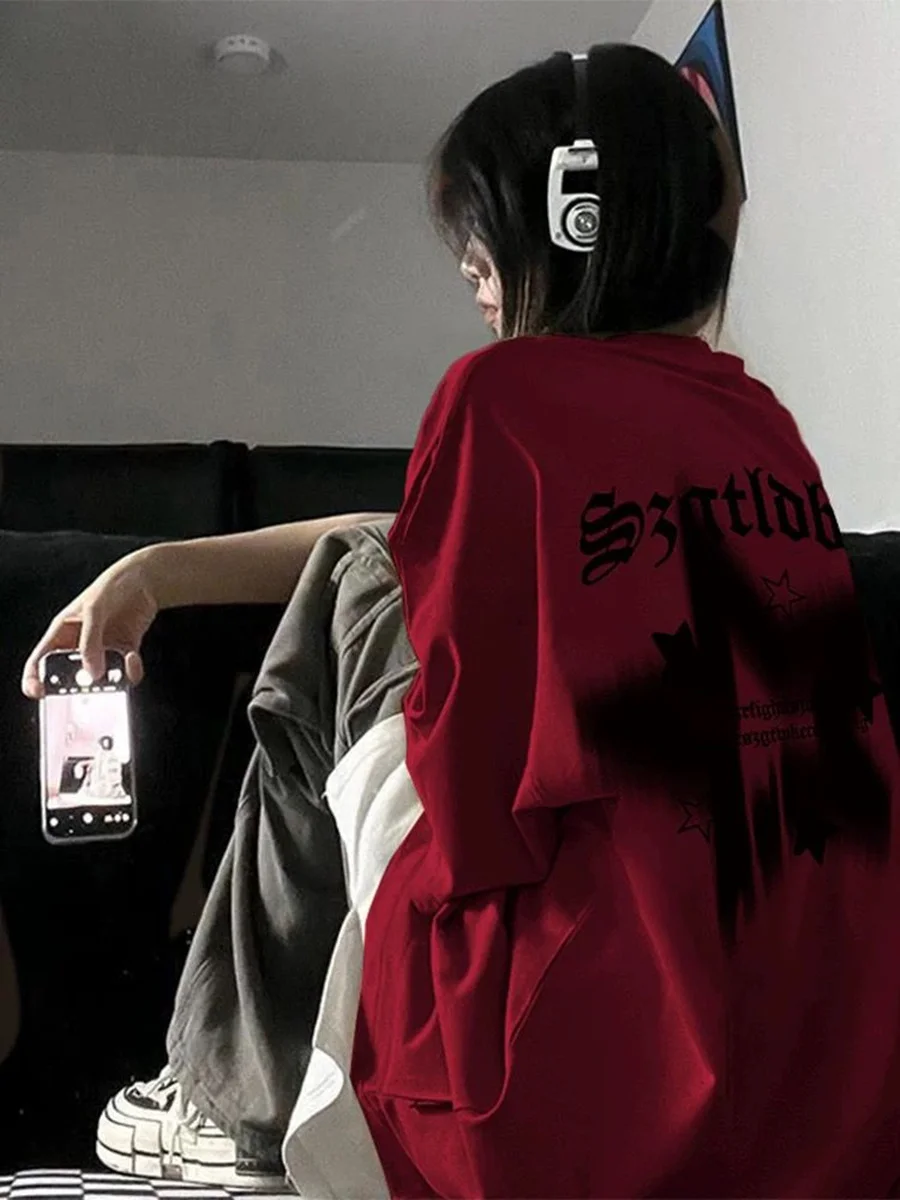 

Pure Cotton Wine Red ort Sve T-irt Women's Loose Design American Sle Summer Top Heavyweight Trendy Brand round Ne