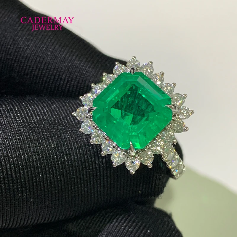 Cadermay 925 Silver 10mm Asscher Cut 2# Green Lab Grown Emerald Rings Halo Moissanite Promise Rings Women for Gift Party Wedding