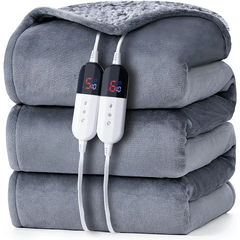 Heated Blanket Electric with Dual Controls, Heating Blanket with Flannel & Sherpa for Bed, 6 Heat Levels & 10 Hours Auto Off,