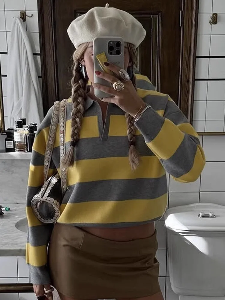 HH Woman Fashion Streetwear Loose Lazy 2-color Polo Collar Stripe Knitted Sweater Women Autumn Slim Long Sleeve Pullover Top