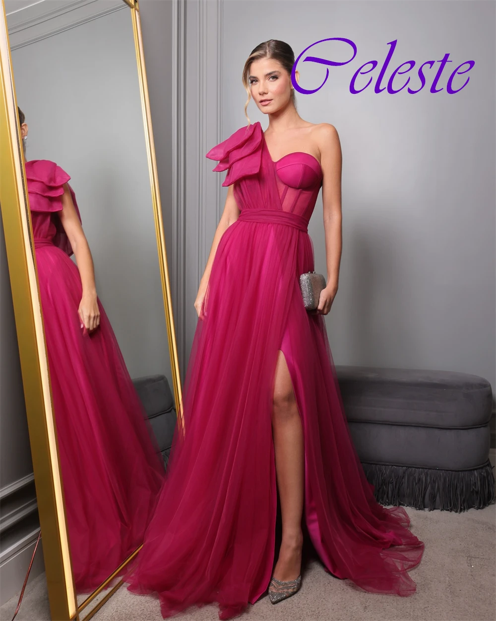 ที่กําหนดเอง Elegant หนึ่งไหล่ Organza ชุดราตรีคลาสสิกแขนกุดชุดราตรีหรูหราด้านข้างชุดพิเศษ