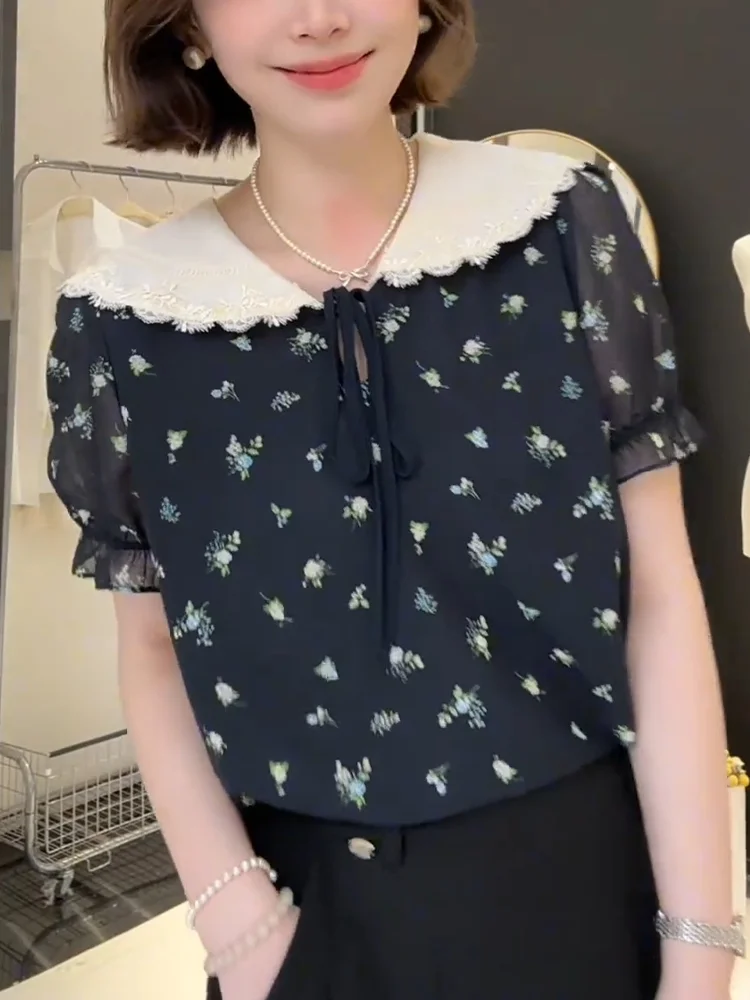 

Модный топ с кукольным воротником и цветочным принтом, большие размеры, женский летний новый утягивающий корейский повседневный костюм, повседневный вид