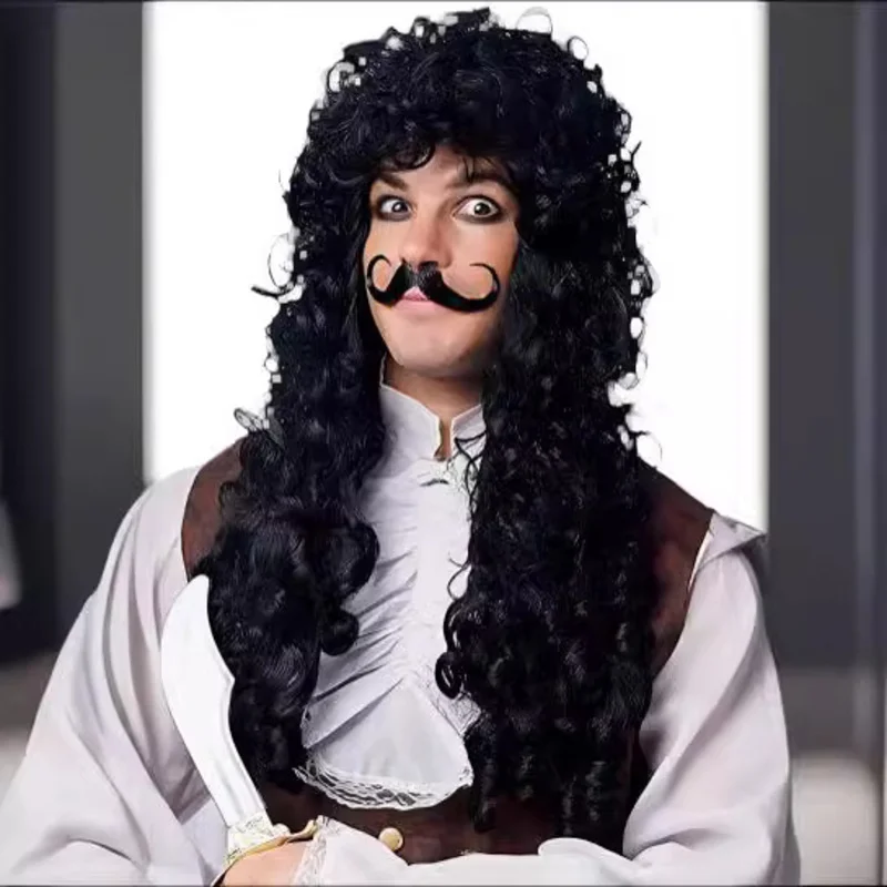 

European and American pirate captain men's wig, long curly hair, clown black Halloween punk rock headgear