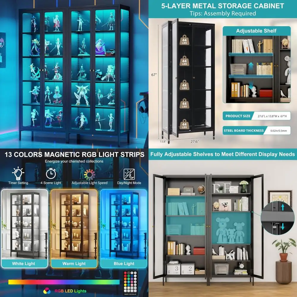 

Пятиуровневый стеклянный шкаф-витрина с 13-цветной светодиодной подсветкой, 67-дюймовый шкаф Curio с подсветкой, стеклянными дверцами и регулируемым штангой