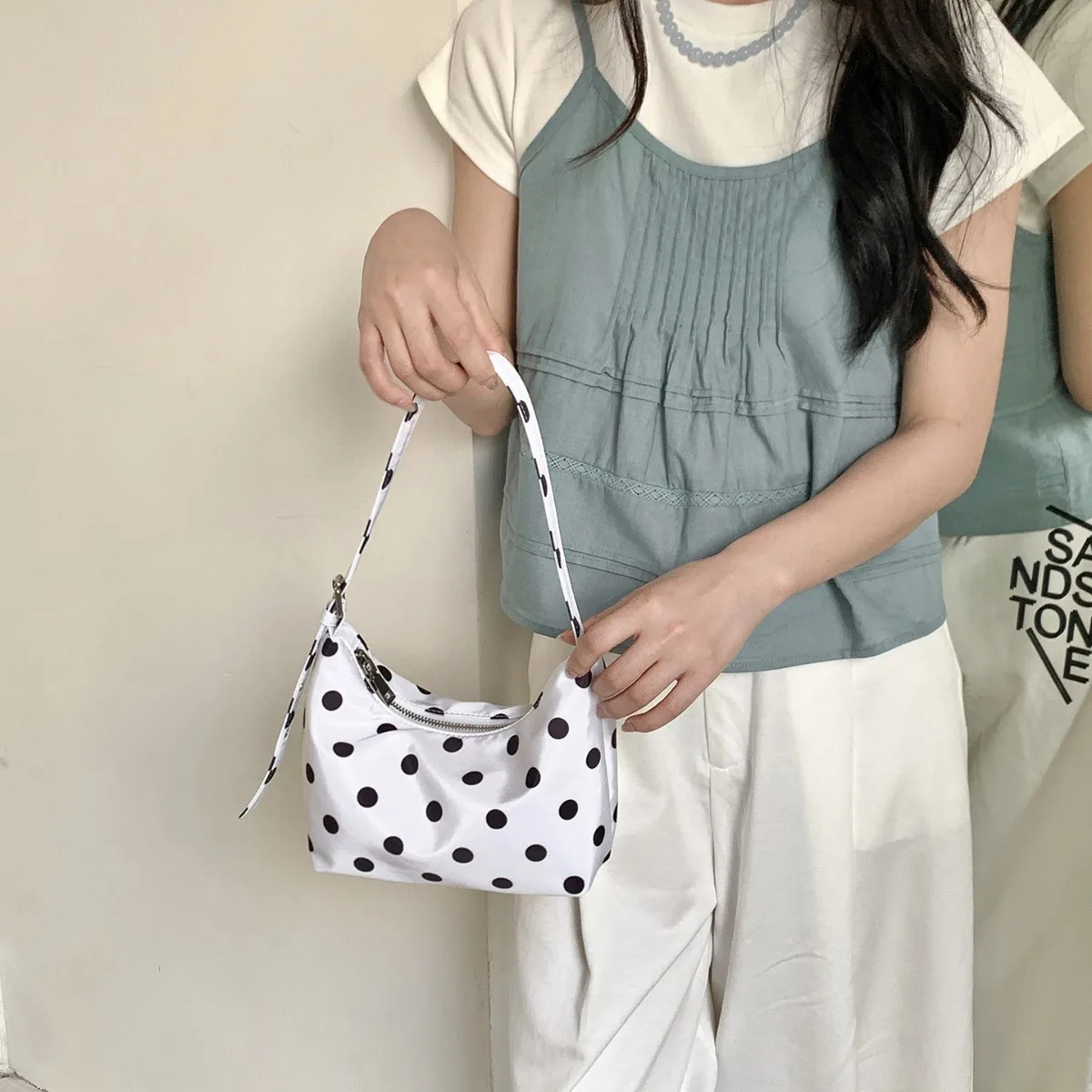 Women's Bag New Style Commuter Shoulder Bag Simple Black And White Polka Dots Rectangular And Versatile Nylon Handbag For Girls