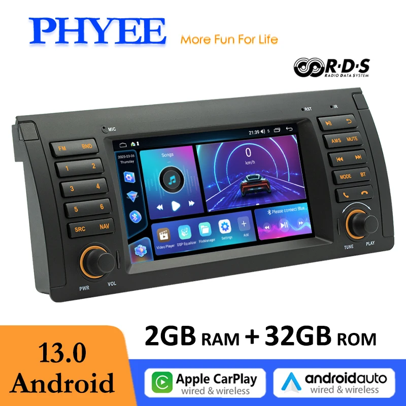 

Car Android Radio Multimedia with GPS Navigation, CarPlay, Android-Auto, Bluetooth, RDS, 7" Touch Screen, for BMW E39 1995-2002