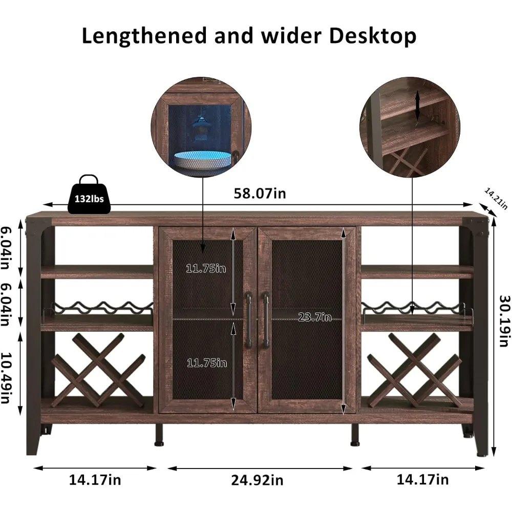 Armário de bar de vinho de 58 "com armazenamento de rack de vinho, armário de álcool com tira de LED, armário de bar de café de fazenda, barra de armário de licor