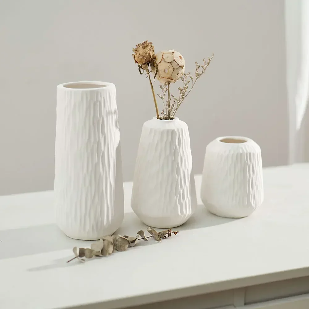 

3pcs Set of White Ceramic Vase Decoration Ornaments, Flower Arrangement Decoration Vases, Home Living Room and Office Decoration