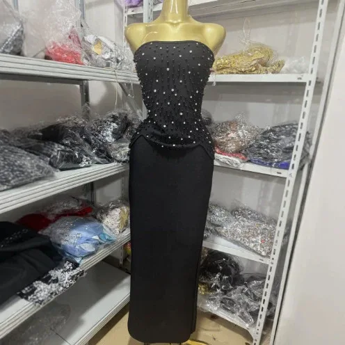 Sexy Black Strapless Diamond Embellished Sequin Slimming Two-Piece Evening Dress Elegant Backless Formal Bandage Skirt Set Gown