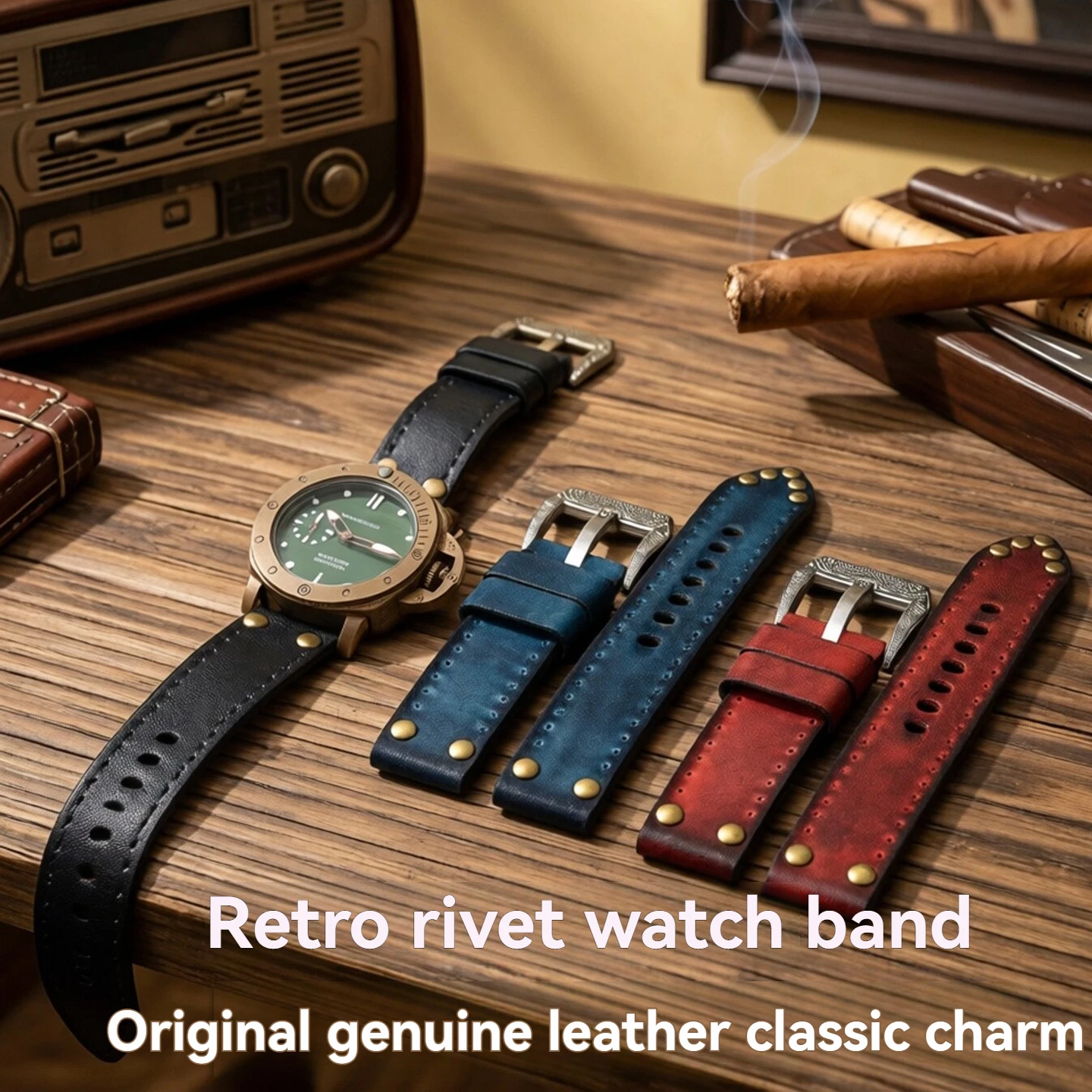 22mm 24mm Vintage Rivet Leather Watch Strap, Distressed Style Carved Buckle Band for Panerai Hamilton Fossil Tudor Men
