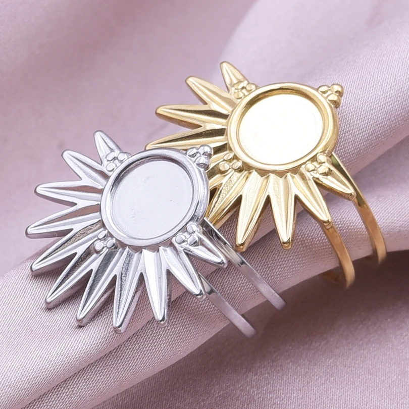 1/2pcs Mix Silver/Gold Color Oval Flower Sun Ring Stainless Steel Rings For Women Men Accessories Round Blank Cobochons Settings