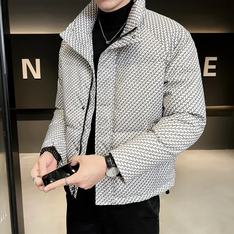 Winter New Simple Trend Stand-up Collar Men\'s Checked Jacket White Eiderdown Jacket Can Go with High-quality Warm Mens Coat