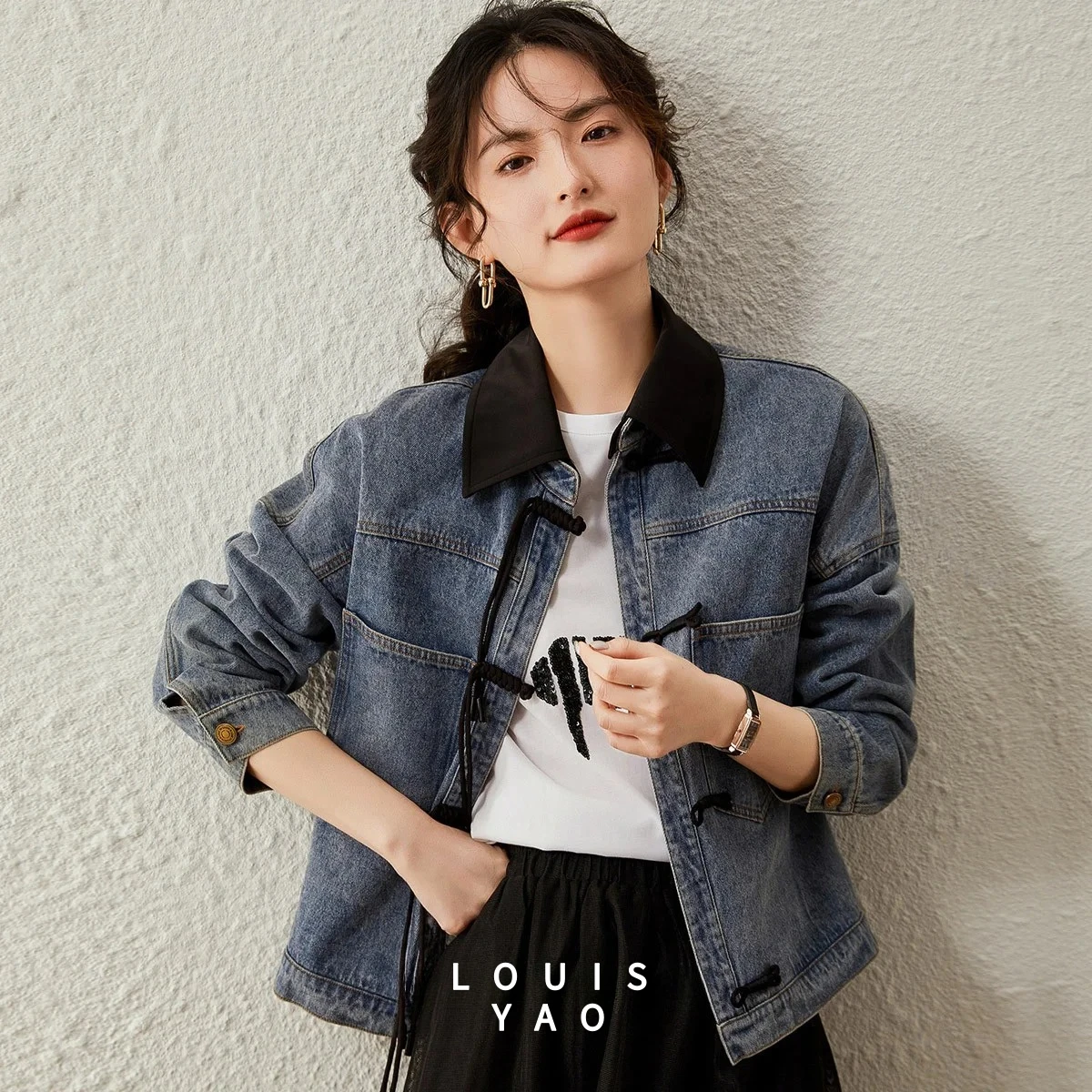 

LOUISYAO Button-Front Women's Denim Jacket 2025 Spring/Autumn Fashion Coat Patchwork Collared Long-Sleeved Women's Top