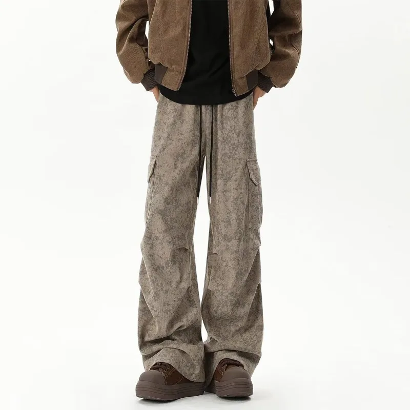 Men Drawstring Camouflage Print Multi Pocket Wide Leg Cargo Pants