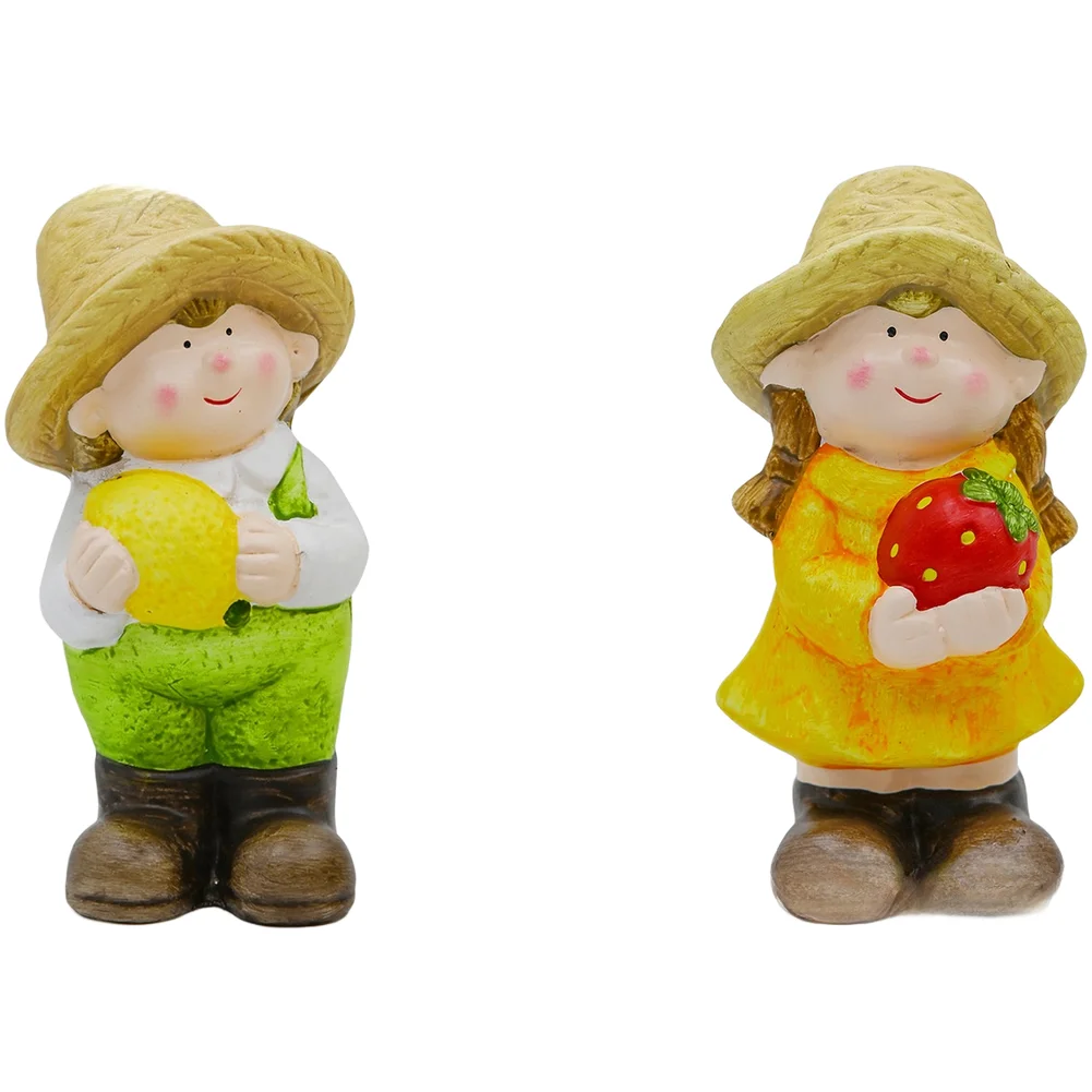 Keramic Garden Ornament Pair Showing Boy and Girl Holding Fruits for Front Porch Side Yard and Living Room Shelf