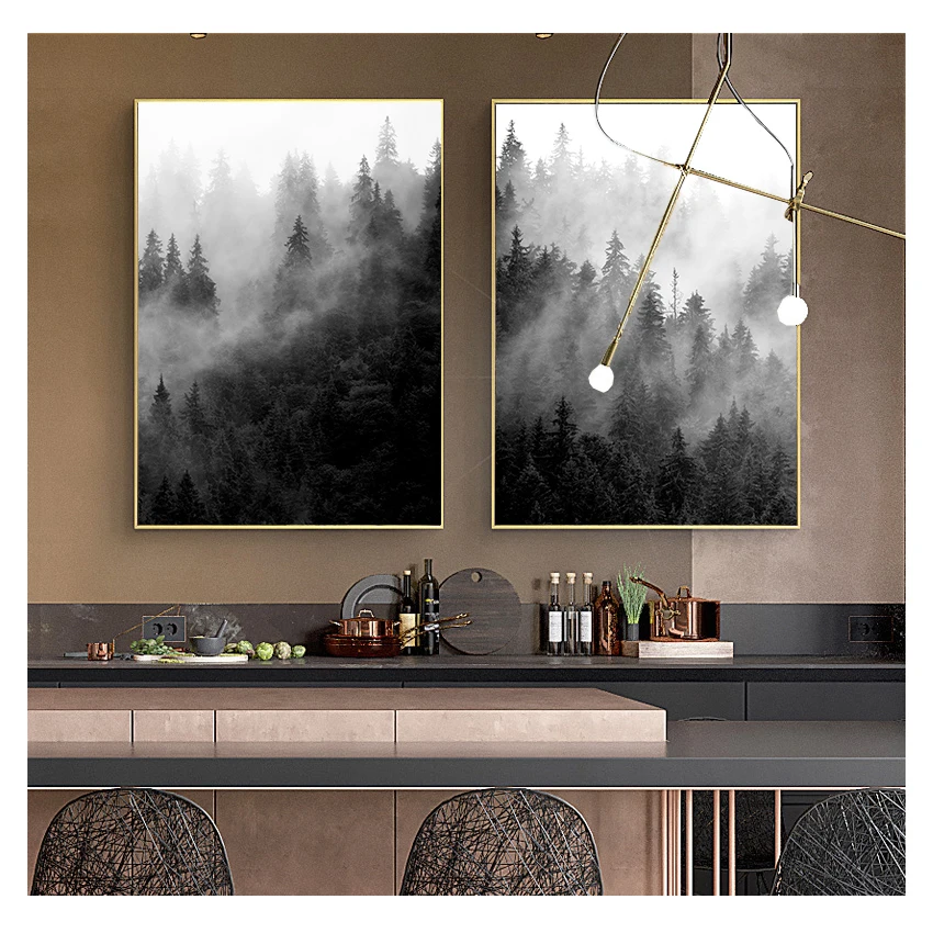 Black and White Tree Posters Foggy Forest Landscape Canvas Painting Wall Picture Living Room Decor Nature Prints Art