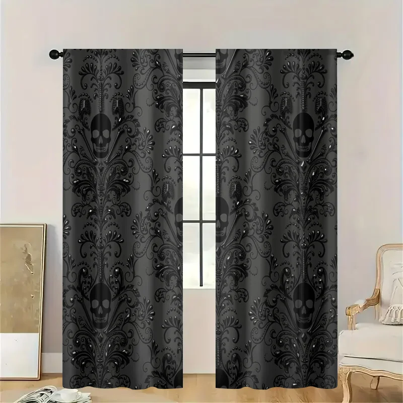 Dark Gothic Skeleton Skull Pattern Curtains Sheer Translucent Window Drapes Spooky Halloween Theme Home Decor Filter Privacy Cur