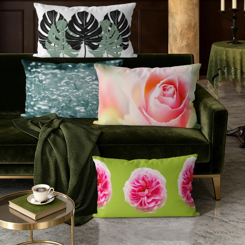 Lendenkissenbezüge mit Blumen- und tropischen Blättern, geeignet für Sofa, Schlafzimmer, Auto, Kissenbezug, rechteckiges Rückenkissen