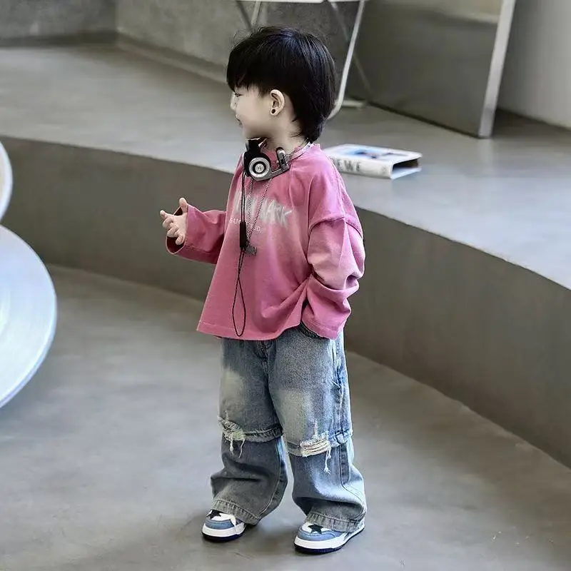 

Children's Clothing Set Spring and Autumn 2026 New Korean Version Boys' Pink Gradient T-shirt+jeans Two-piece Set