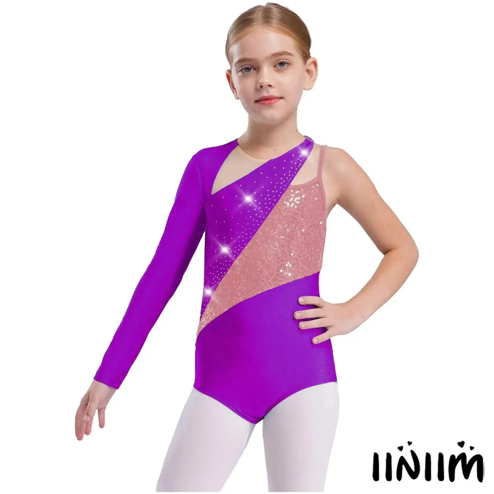 

Kids Girls Figure Skating Dance Leotard Asymmetrical Shoulder Shiny Sequins Color Block Gymnastics Stage Performance Clothing