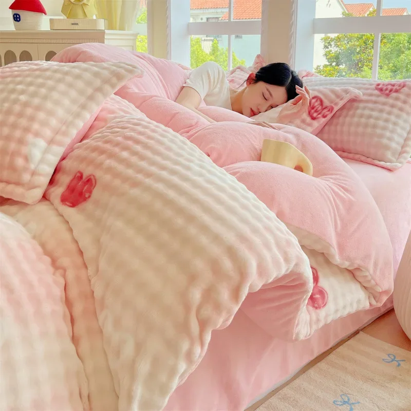 2025 new winter thickened printed rabbit hair milk bubble fleece four-piece set household warm cute four-piece set