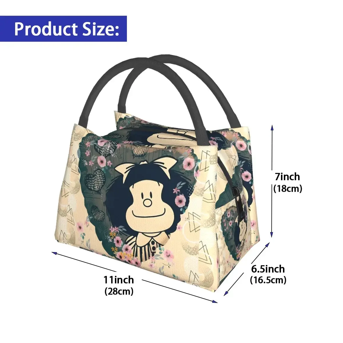 Mafalda Comic Lunch Bag Custom Printed Funny Lunch Box Travel Portable Insulated Tote Food Bags Print Cooler Bag