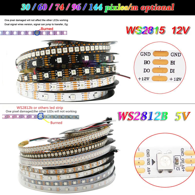 1m~5m WS2812B WS2815 addressable 5050 RGB LED Strip 30/60/74/96/144 pixels/m 5V 12V WS2811 IC Magic Color Light Tape IP30/65/67