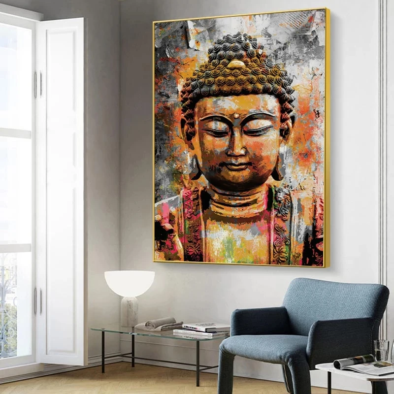 Modern Abstract Retro Gold Bronze Solemn Buddha Art Canvas Posters and Printed Pictures for Living Room Bedroom Home Decoration