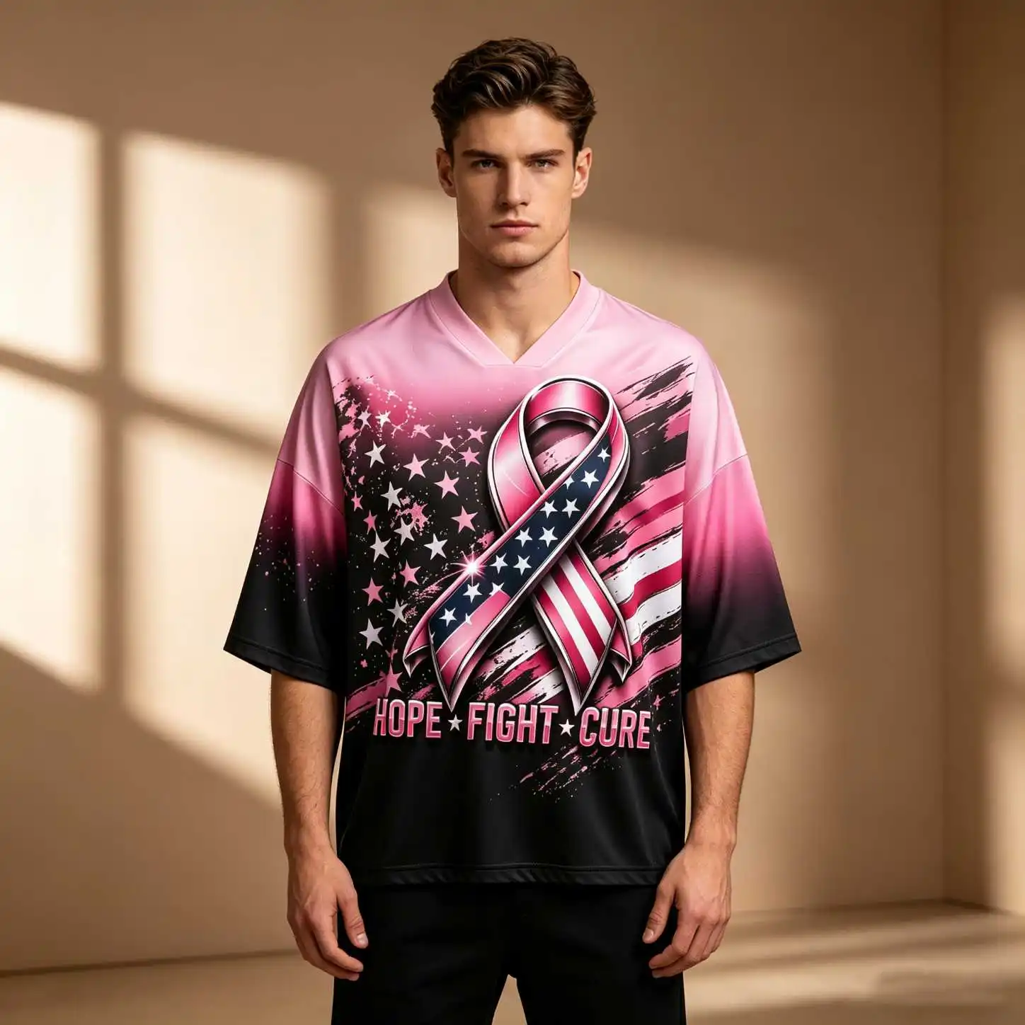 Hope Fight Cure Ribbon Print Supportive Men Oversized V Neck Elbow Sleeve Tee, Awareness Summer Casual Loose Fit