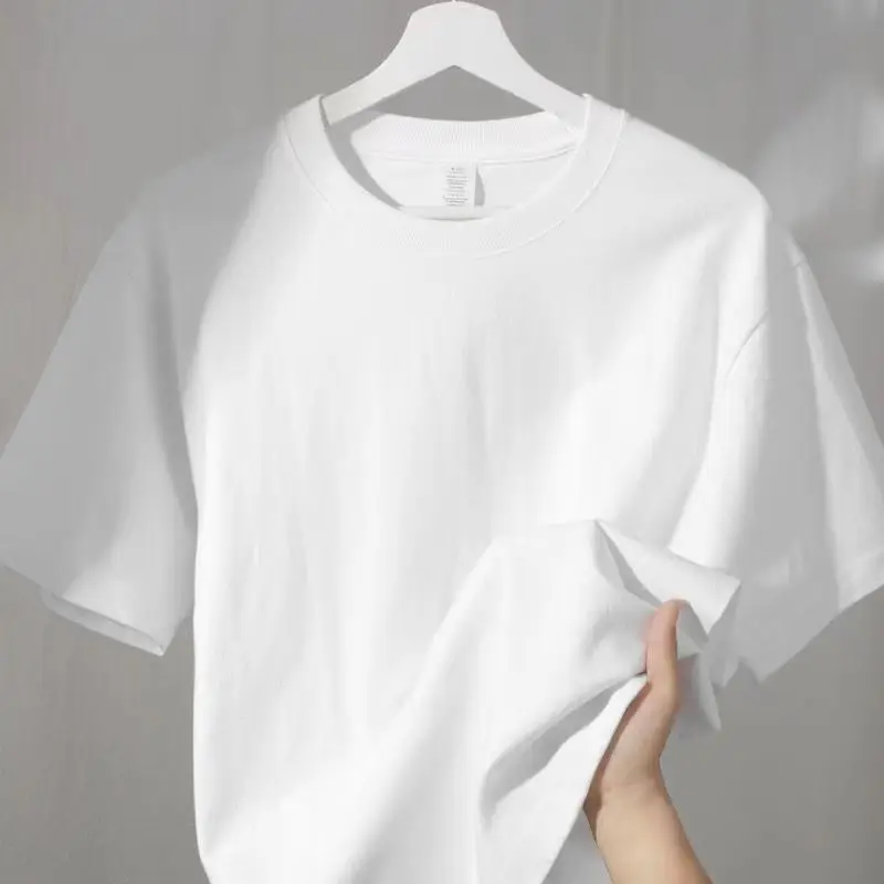 T-shirt à manches courtes en pur coton blanc pour hommes et femmes, haut amincissant, col rond, solide, résistant, document de niche, poids lourd