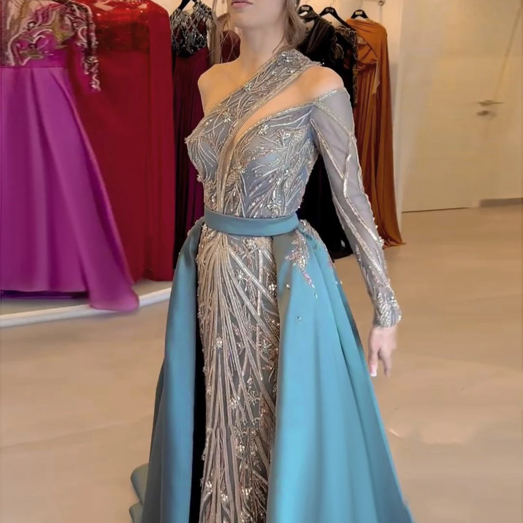 

Sharon Said Luxury Beaded One Shoulder Turquoise Evening Dresses with Overskirt Dubai Women Wedding Party Gowns SS307 Customized