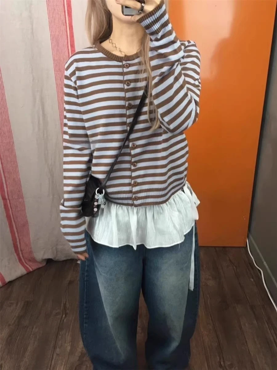 

Повседневный вязаный кардиган с длинными рукавами, в полоску, с цветовыми блоками, на одной пуговице, приталенный, универсальный, в корейском стиле