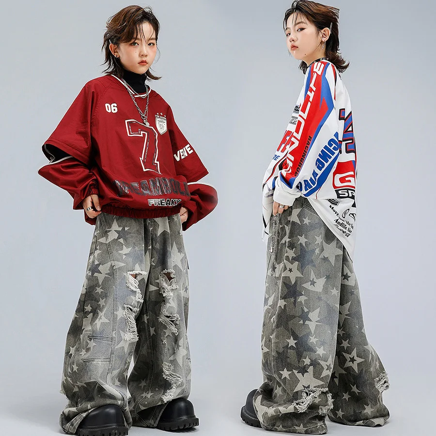 Children Boys Girls Streetwear Hip Hip Sport T-shirt Ripped Baggy Jeans Pant Sets Kids Tee Trousers Stage Show Clothes Costumes