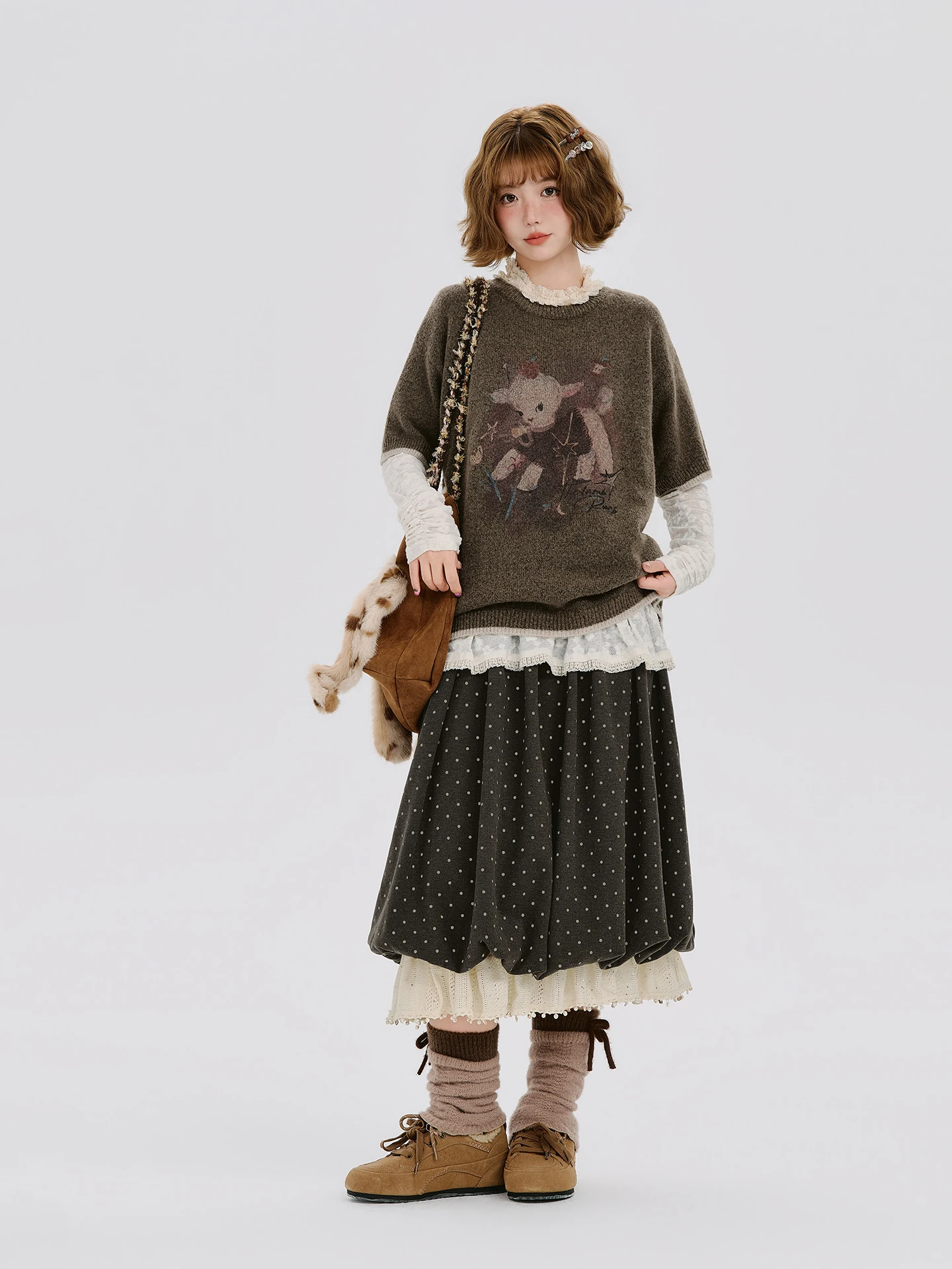 Girlyhalo American Retro Polka Dot Lace Splicing Flower Bud Half Skirt Women's Loose Wide Hem Long Skirt Autumn New Style