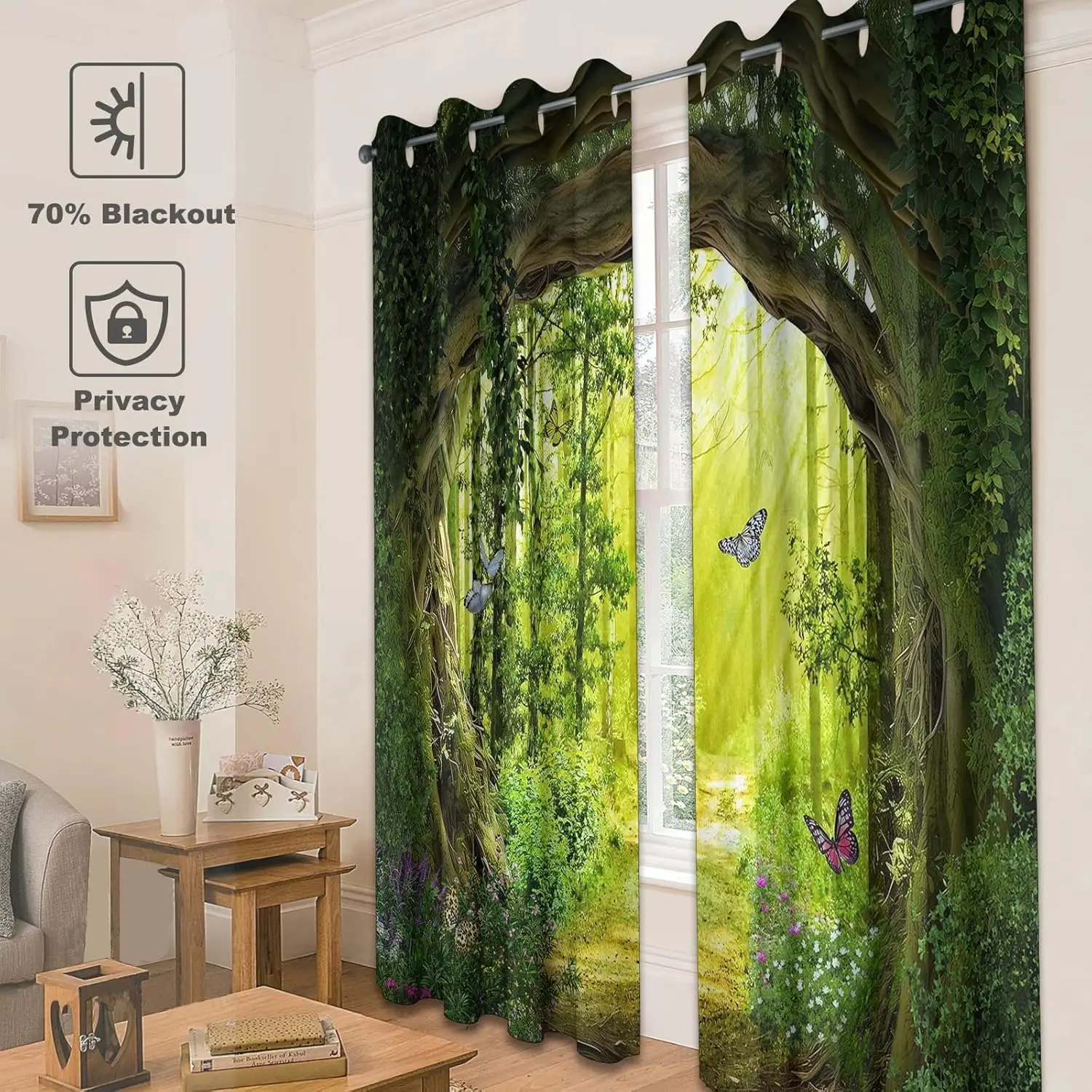 Tende oscuranti della foresta incantata albero modellato Scenic Nature Green Spring Woodland Grommet tende per finestre per soggiorno in camera da letto