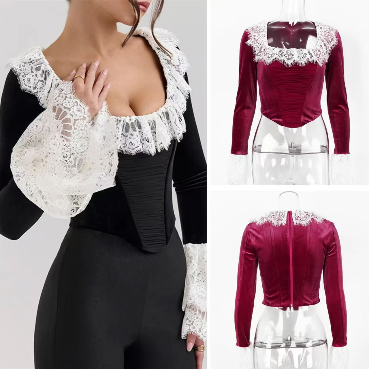 Lace Flare Long Sleeve Sexy Tops Women Square Collar Crop Top Female Elegant Slim Fit Short T Shirt Tops Christmas Clothing