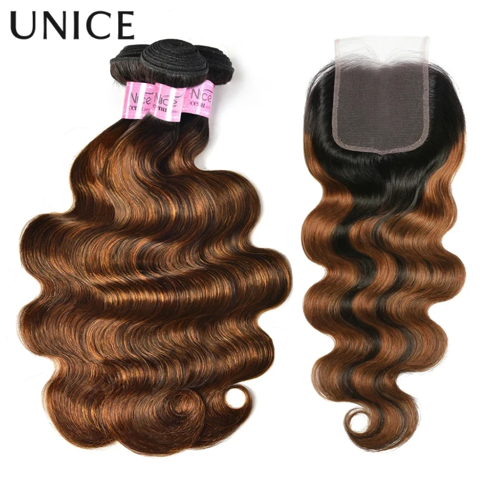 

UNICE Hair Brown Balayage Highlight Body Wave Human Hair Bundles 2/3/4 PCS With 1PC Free Part 4x4 Lace Closure