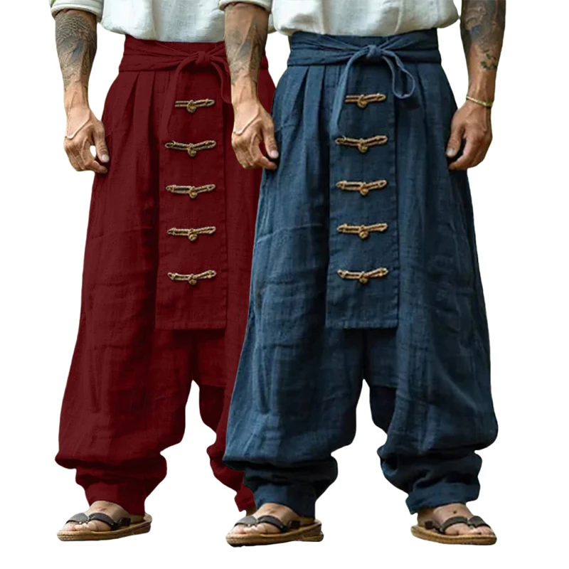Ethnic Style Casual Cotton Linen Wide Leg Pants Spring Summer Literary Retro Men Solid Color Lace-up Baggy Pants Streetwear
