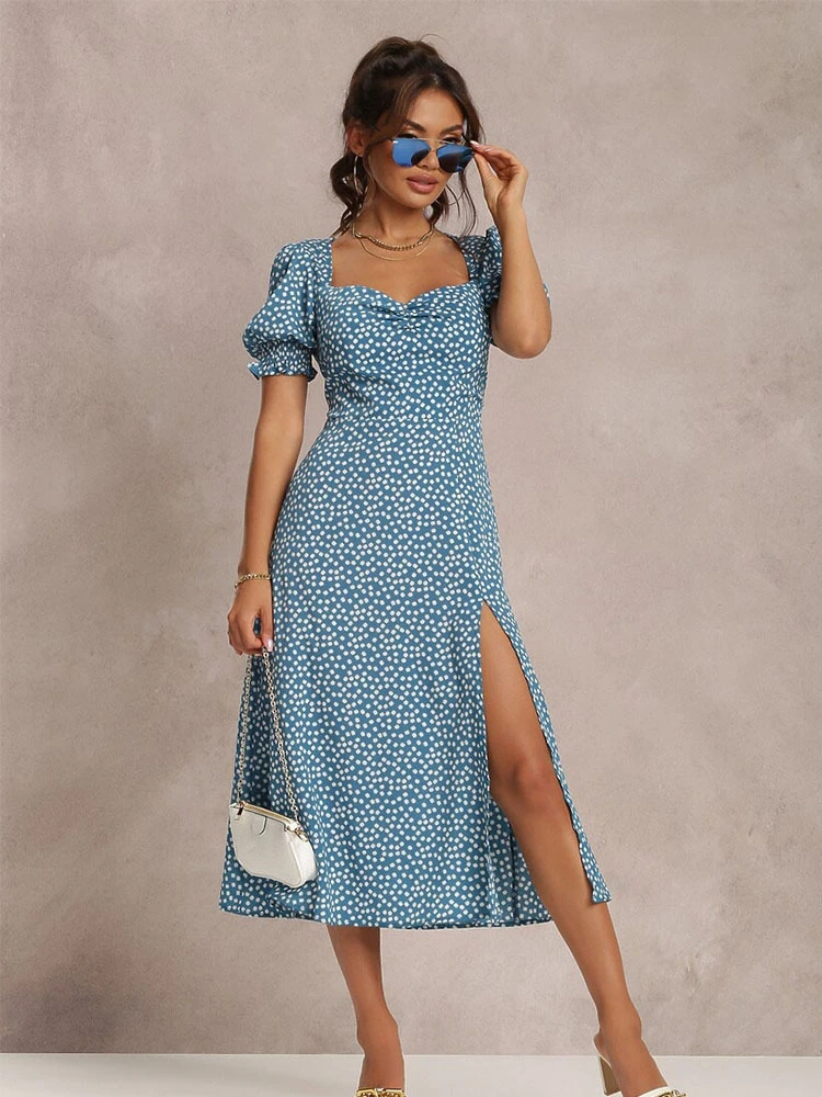 فستان صيفي قصير بياقة مربعة وشق جانبي، تصميم زهري عادي، تنورة قصيرة للنساء، مصنوع من ألياف البوليستر، خصر متوسط، قصة A-line، ...