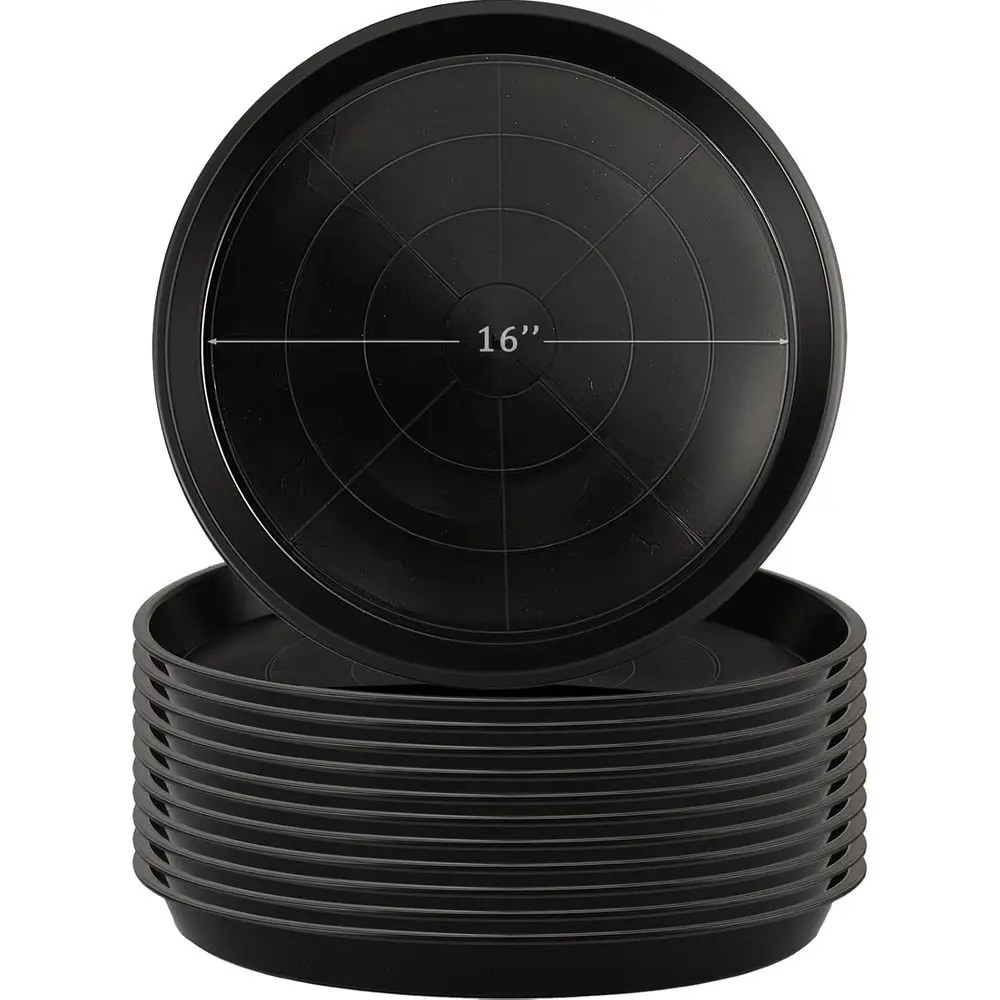 12-Pack Large Round Plastic Plant Trays - Heavy Duty Drip Saucers for Indoor and Outdoor Use, 16 Inch, Black