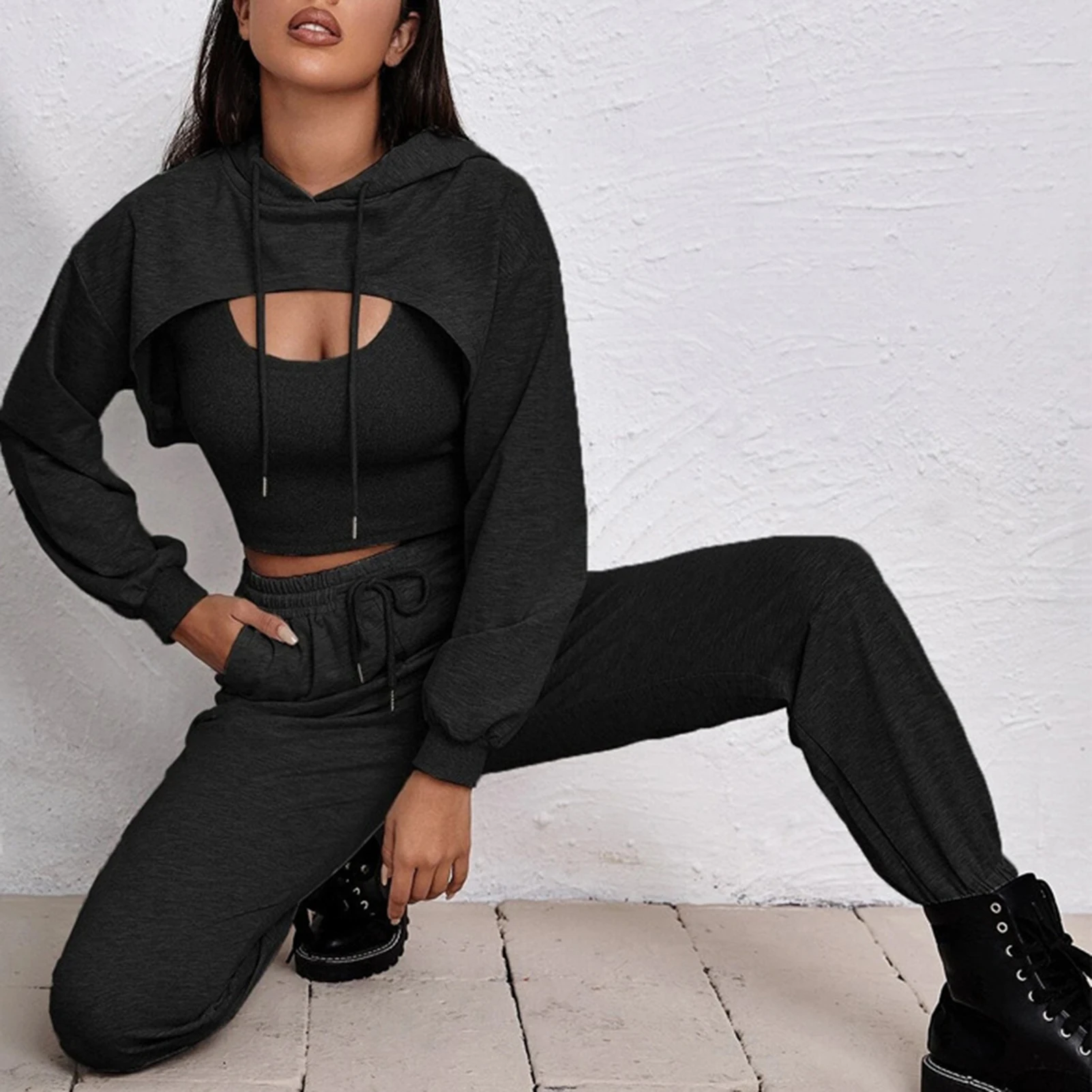 Women 3 Piece Sportswear Sets 2022 New Female Casual Hollow Hoodies Outfits Women\'s Trouser Suit Waist Elastic Sweatpants Suit