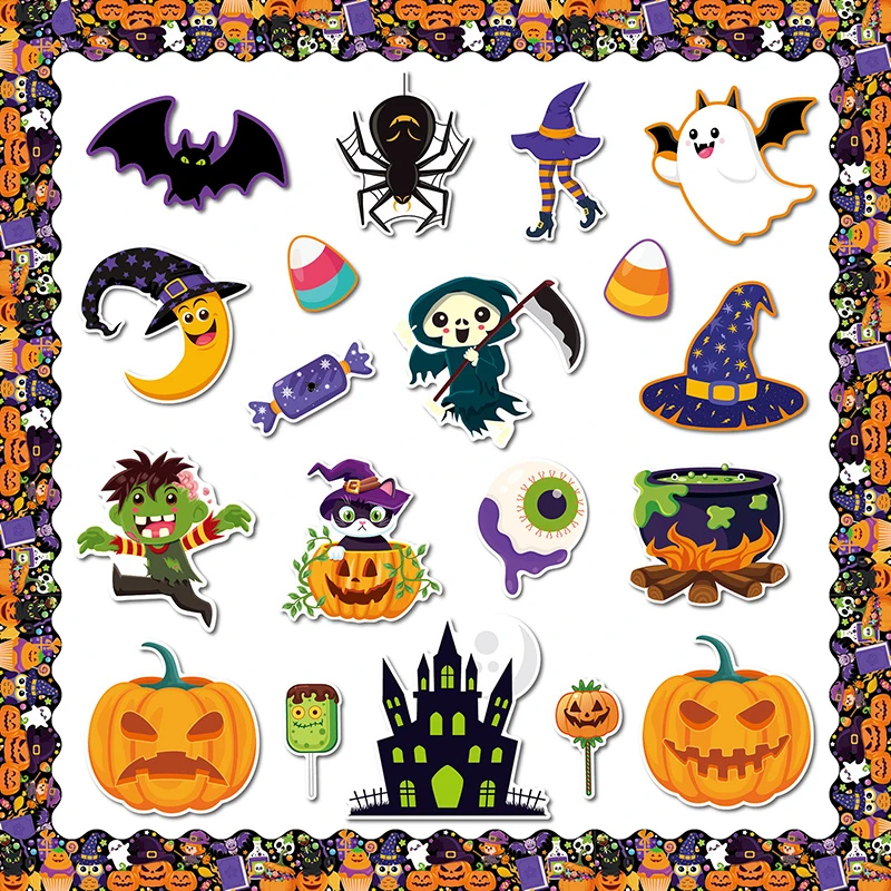 81 Pcs Happy Halloween Cutouts For Bulletin Board Decor Set With Border- Halloween Themed Pumpkin Spider Ghost Witch Paper Cut-O