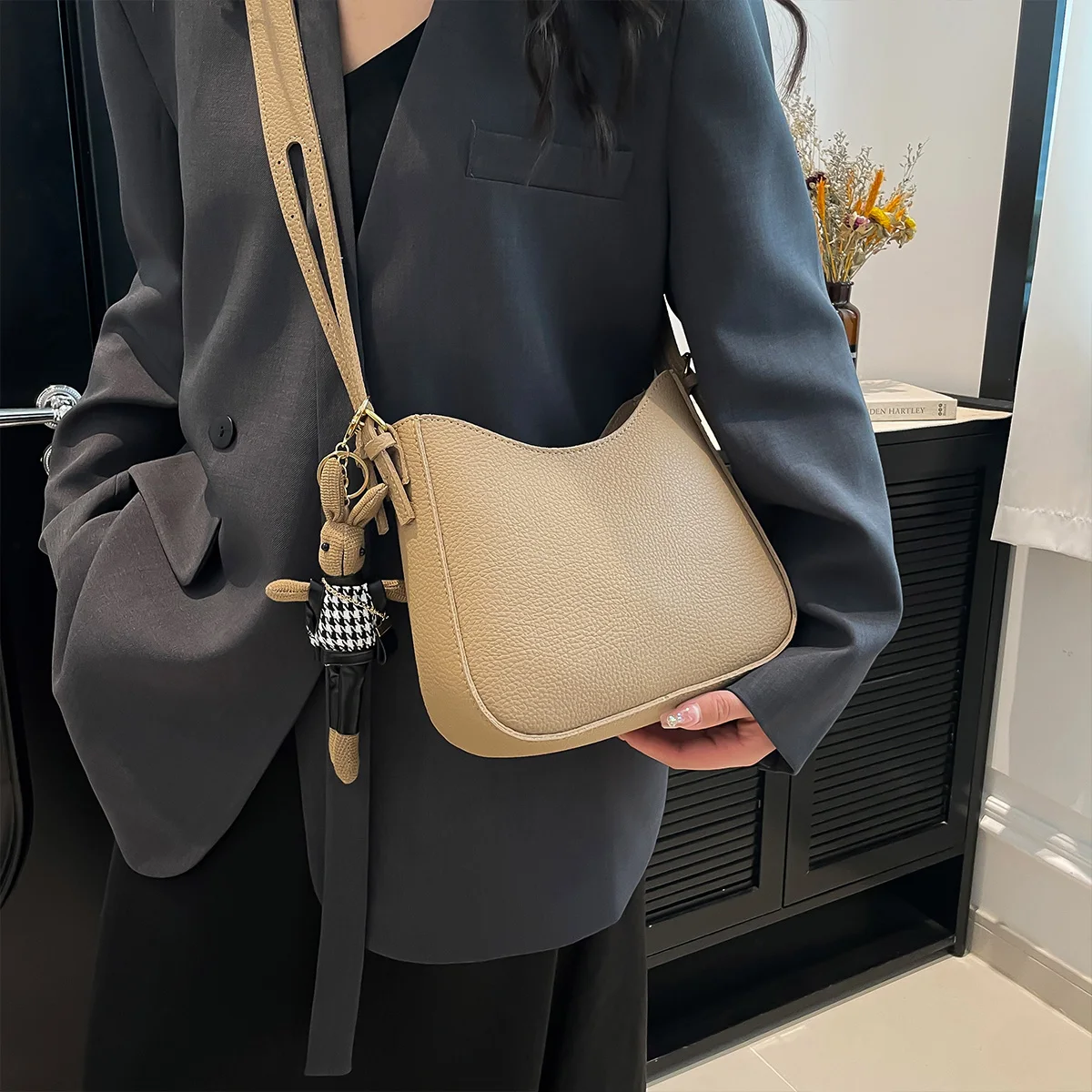 

Women Shoulder Bag with FashionRabbit Pendant Texture Large Capacity PU Water Resistant Zipper Adjustable Strap Multifunction