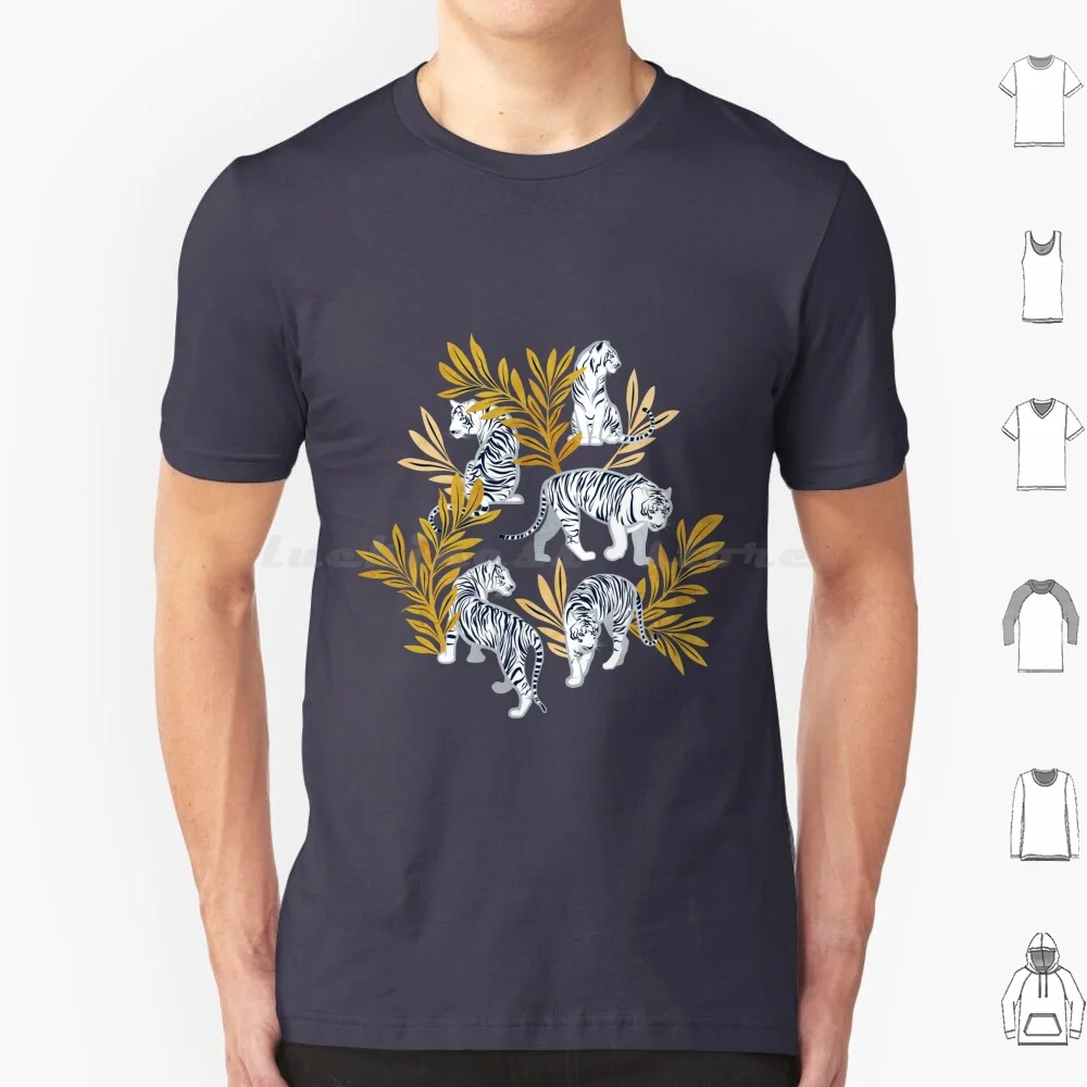 Nouveau White Tigers Navy Blue Background Yellow Leaves White Animals T Shirt Cotton Men Women DIY Print Tiger Illustration