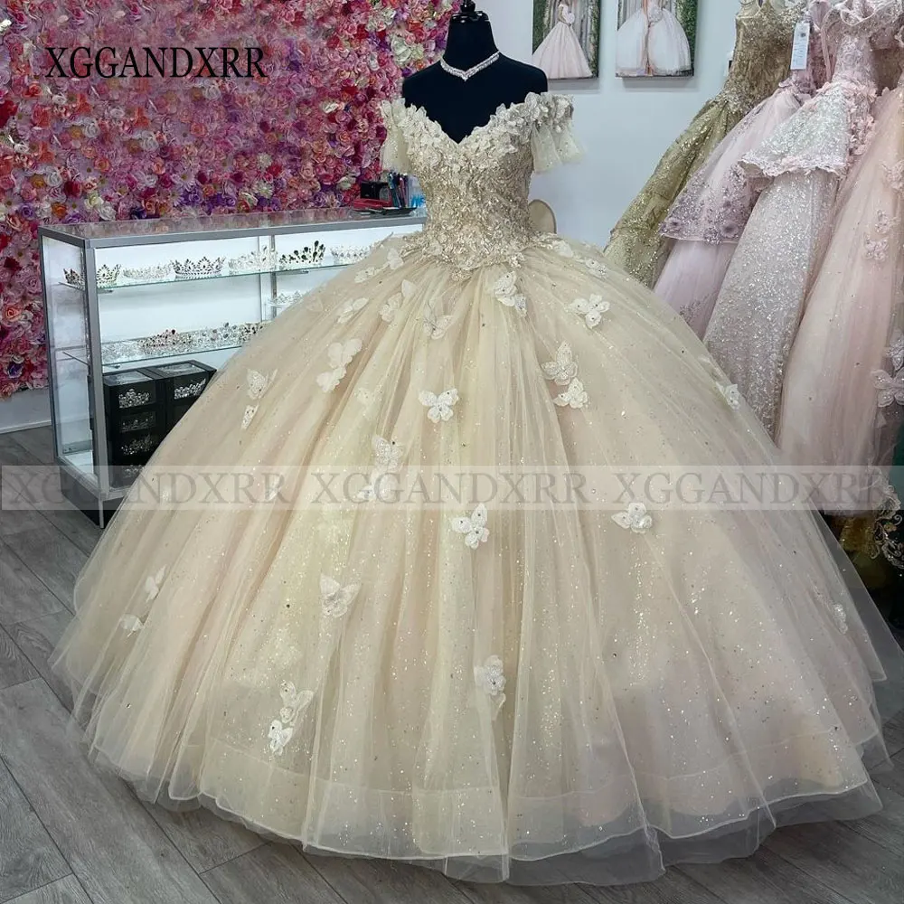 Champagne or Quinceanera robe 2025 scintillant col en V papillon robe De bal doux 16 robe paillettes Tulle robe De XV Anos fête